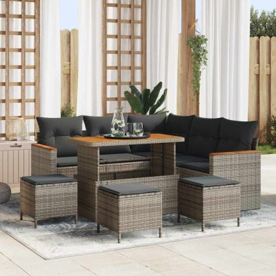 Conjunto de sofá de jardín con cojín 9 pcs Gris Poliratán