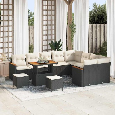 Conjunto de sofá de jardín con cojín 12 pcs Negro Poliratán