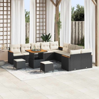 Conjunto de sofá de jardín con cojín 13 pcs Negro Poliratán