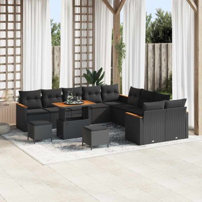 Conjunto de sofá de jardín con cojín 13 pcs Negro Poliratán