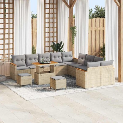 Conjunto de sofá de jardín con cojín 13 pcs Beige Poliratán