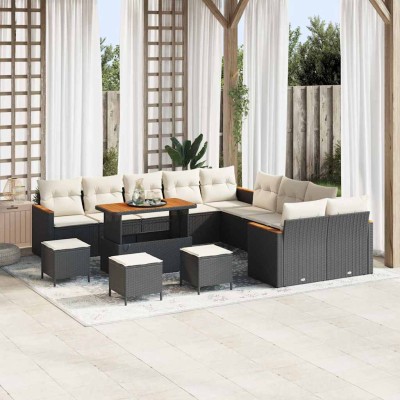 Conjunto de sofá de jardín con cojín 14 pcs Negro Poliratán