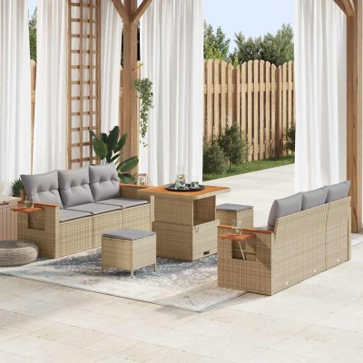 Conjunto de sofá de jardín con cojín 9 pcs Beige Poliratán