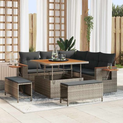 Conjunto de sofá de jardín con cojín 8 pcs Gris Poliratán