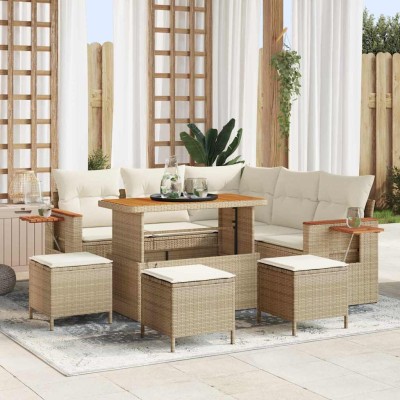 Conjunto de sofá de jardín con cojín 9 pcs Beige Poliratán
