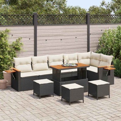 Conjunto de sofá de jardín con cojín 10 pcs Negro Poliratán