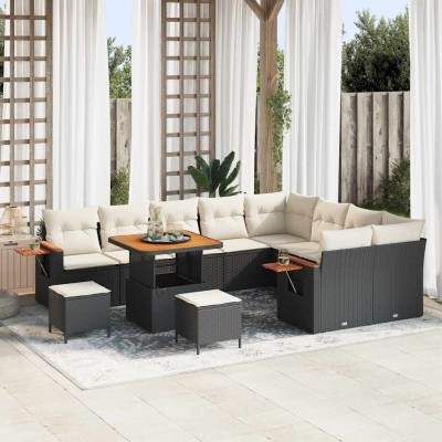 Conjunto de sofá de jardín con cojín 12 pcs Negro Poliratán