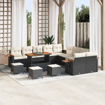 Conjunto de sofá de jardín con cojín 14 pcs Negro Poliratán