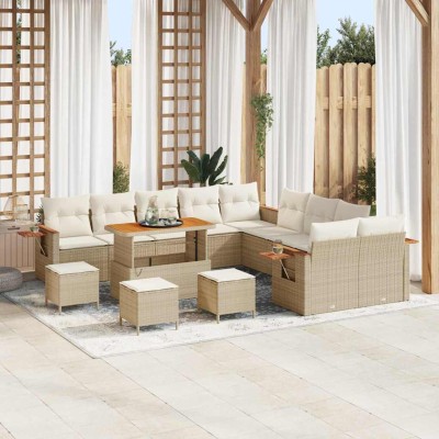 Conjunto de sofá de jardín con cojín 14 pcs Beige Poliratán