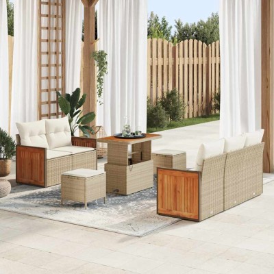 Conjunto de sofá de jardín con cojín 8 pcs Beige Poliratán