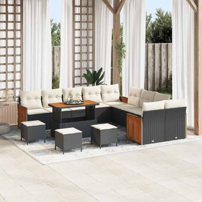 Conjunto de sofá de jardín 14 pcs Negro y crema