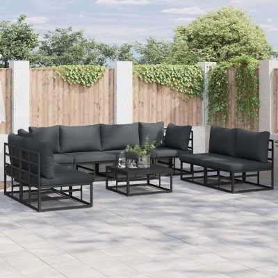 Conjunto de sofá de jardín con cojín 9 pcs Negro Aluminio