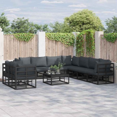 Conjunto de sofá de jardín con cojín 10 pcs Negro Aluminio