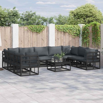 Conjunto de sofá de jardín con cojín 10 pcs Negro Aluminio