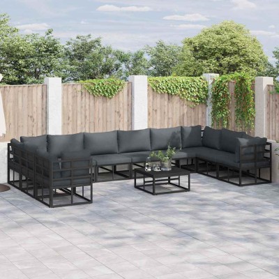 Conjunto de sofá de jardín con cojín 10 pcs Negro Aluminio