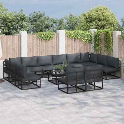 Conjunto de sofá de jardín con cojín 12 pcs Negro Aluminio