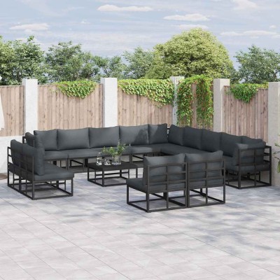 Conjunto de sofá de jardín con cojín 14 pcs Negro Aluminio