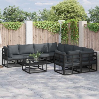 Conjunto de sofá de jardín con cojín 9 pcs Negro Aluminio