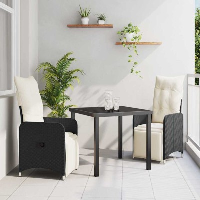 Conjunto de Comedor de Jardín con cojín 3 pcs Negro Poliratán