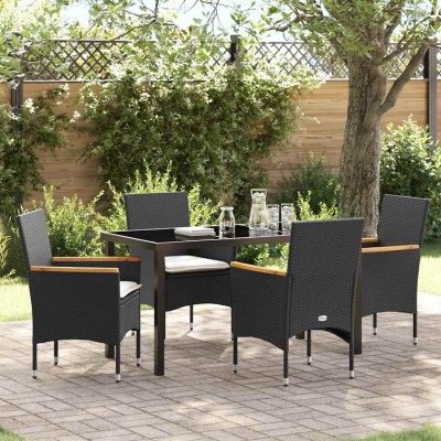 Conjunto de Comedor de Jardín con cojín 5 pcs Negro Poliratán