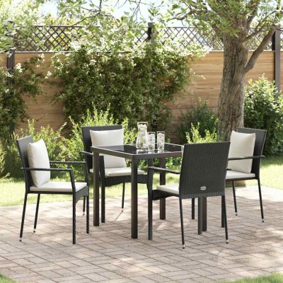 Conjunto de Comedor de Jardín con cojín 5 pcs Negro Poliratán