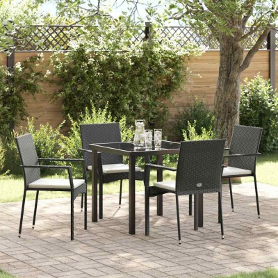 Conjunto de Comedor de Jardín con cojín 5 pcs Negro Poliratán