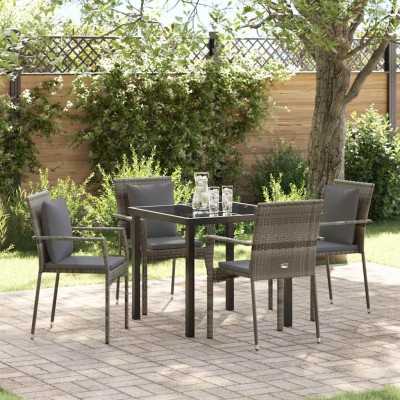 Conjunto de Comedor de Jardín con cojín 5 pcs Gris Poliratán