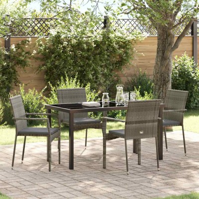 Conjunto de Comedor de Jardín con cojín 5 pcs Gris Poliratán