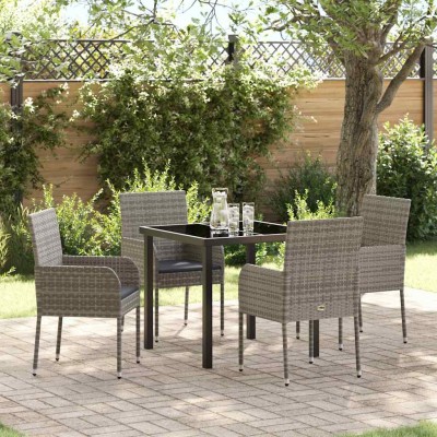 Conjunto de Comedor de Jardín con cojín 5 pcs Gris Poliratán