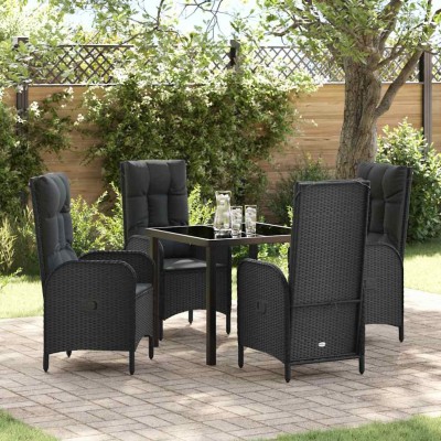 Conjunto de Comedor de Jardín con cojín 5 pcs Negro Poliratán