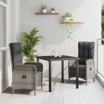 Conjunto de Comedor de Jardín con cojín 3 pcs Gris Poliratán