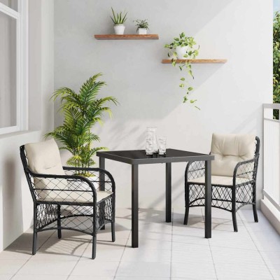 Conjunto de Comedor de Jardín con cojín 3 pcs Negro Poliratán