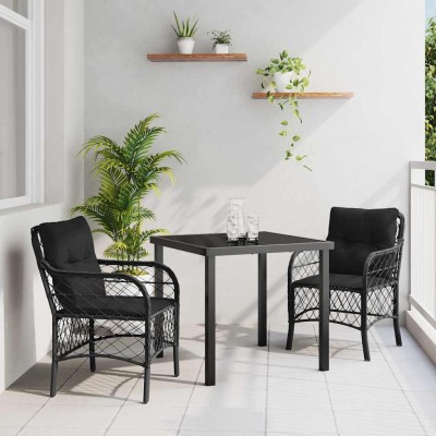 Conjunto de Comedor de Jardín con cojín 3 pcs Negro Poliratán