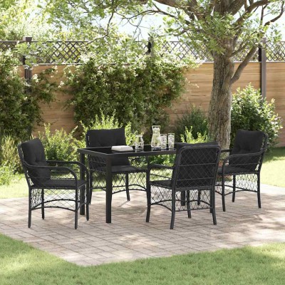 Conjunto de Comedor de Jardín con cojín 5 pcs Negro Poliratán