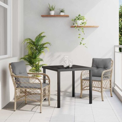 Conjunto de Comedor de Jardín con cojín 3 pcs Beige Poliratán