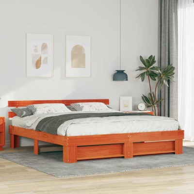 Estructura de cama con cabecera Marrón Madera maciza de pino