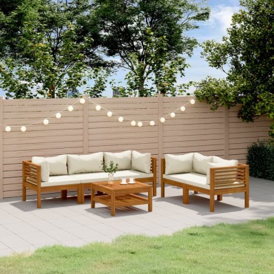 Muebles de jardín 6 pzas cojines crema madera maciza de acacia