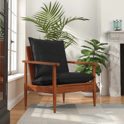 Sillón madera maciza acacia y cuero auténtico negro