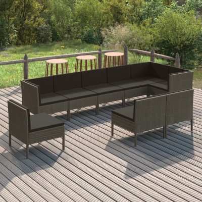 Set de muebles de jardín 9 pzas y cojines ratán sintético gris