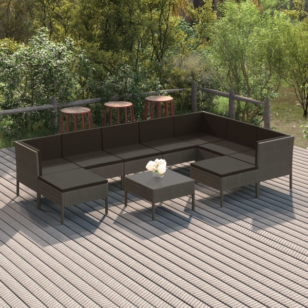 Set de muebles de jardín 10 pzas y cojines ratán sintético gris