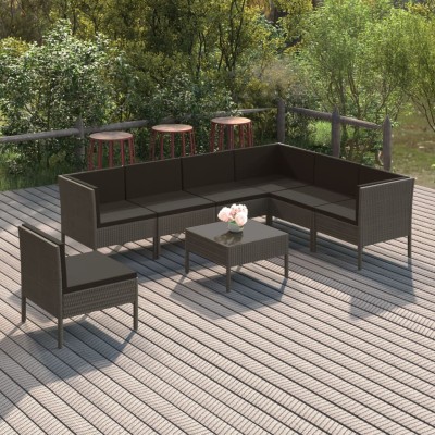 Set de muebles de jardín 8 pzas y cojines ratán sintético gris