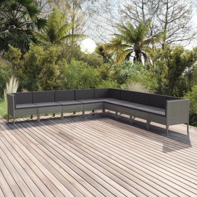 Set de muebles de jardín 9 pzas y cojines ratán sintético gris
