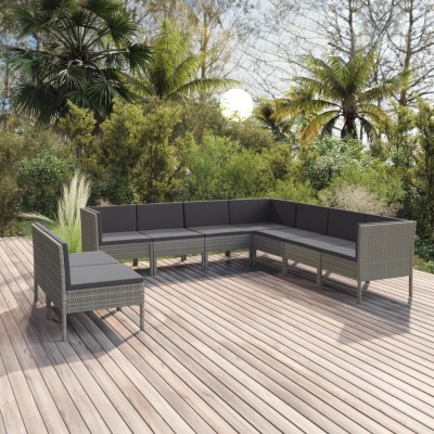 Set de muebles de jardín 9 pzas y cojines ratán sintético gris