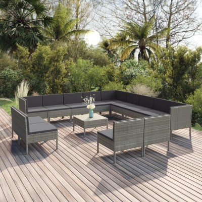 Set de muebles de jardín 14 pzas y cojines ratán sintético gris