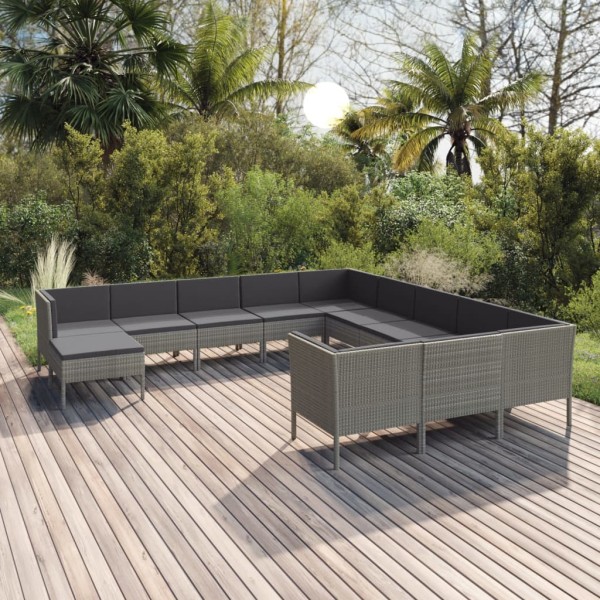 Set de muebles de jardín 12 pzas y cojines ratán sintético gris