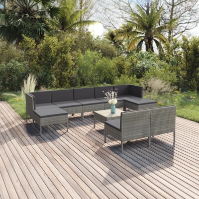 Set de muebles de jardín 10 pzas y cojines ratán sintético gris