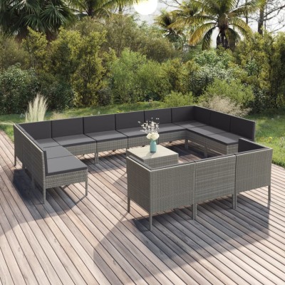 Set de muebles de jardín 14 pzas y cojines ratán sintético gris