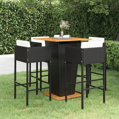 Set de bar de jardín 5 pzas y cojines ratán sintético negro