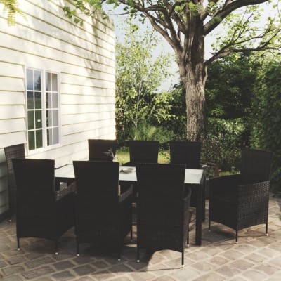 Set comedor de jardín 9 piezas y cojines ratán sintético negro