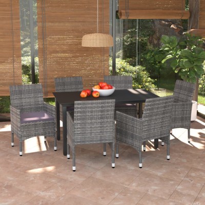 Set comedor jardín 7 pzas y cojines ratán sintético gris